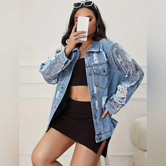 Sequin Oversized Distressed Denim Jacket - Picture 3 of 6